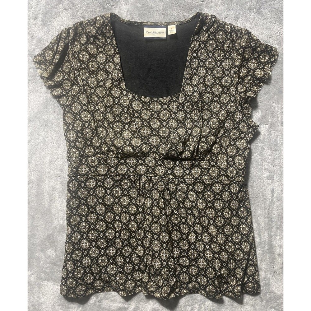 Croft & Barrow Black & Beige Medallion Print Empire Waist Blouse Women’s Large